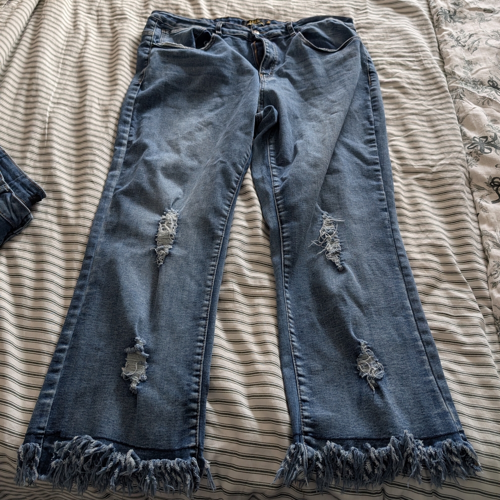L&B Denim Flare Jeans with Distressed Fringe